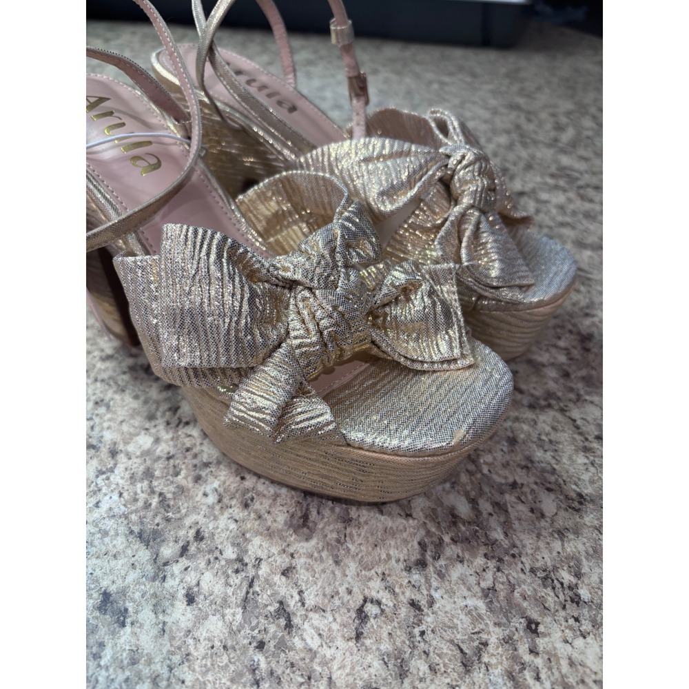 Arula for Altar'd State Womens Gold Foil Metallic Platform Bow Wedge Heels Sz 9W